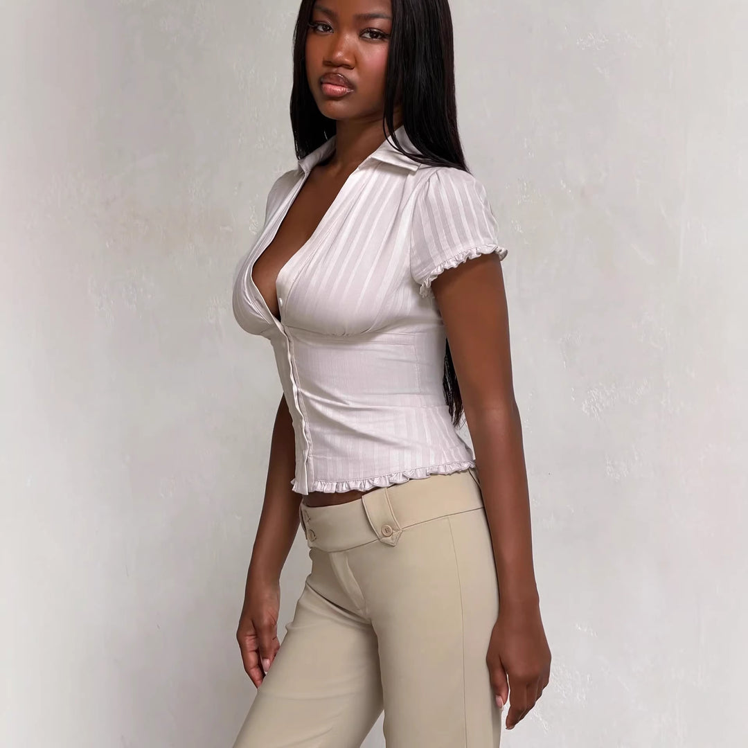 Women's Short Sleeve Blouse with Ruffle Details StylebySassy
