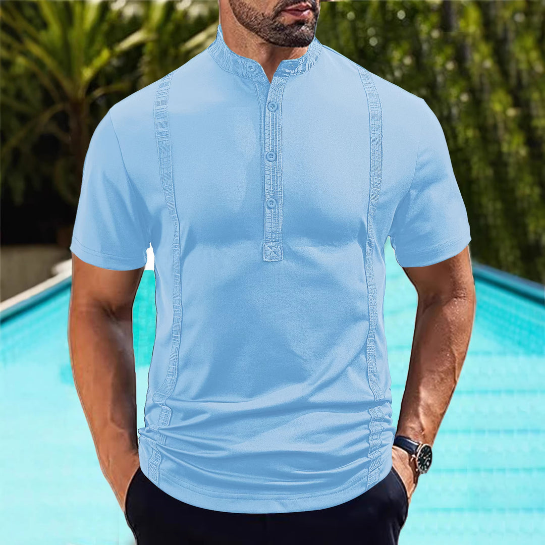 Men's short sleeve stand collar shirt with concealed button placket, decorative piping and fitted silhouette StylebySassy