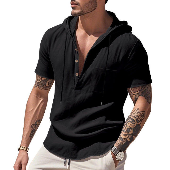 Men's lightweight short-sleeve hooded Henley made of single jersey with chest pocket and contrast drawstring StylebySassy