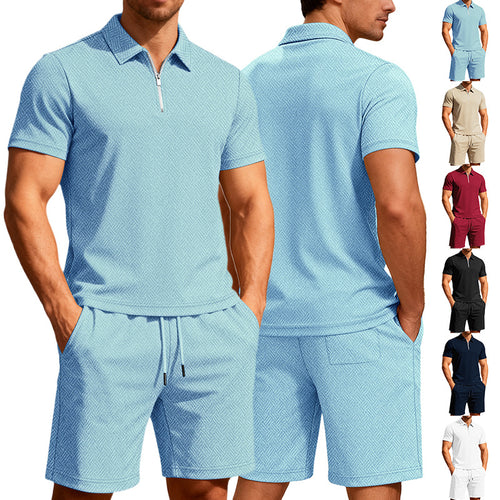 Men's comfortable lounge two-piece set made of structured cotton blend with half-zip polo shirt and drawstring shorts StylebySassy
