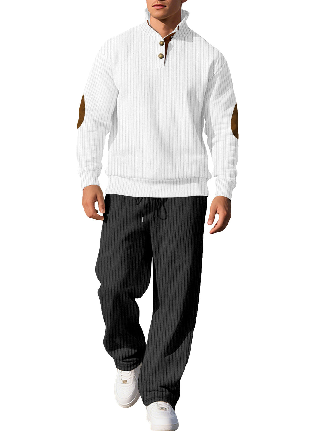 Men's fine ribbed sweater with half button placket, high stand-up collar, and contrasting suede elbow patches StylebySassy