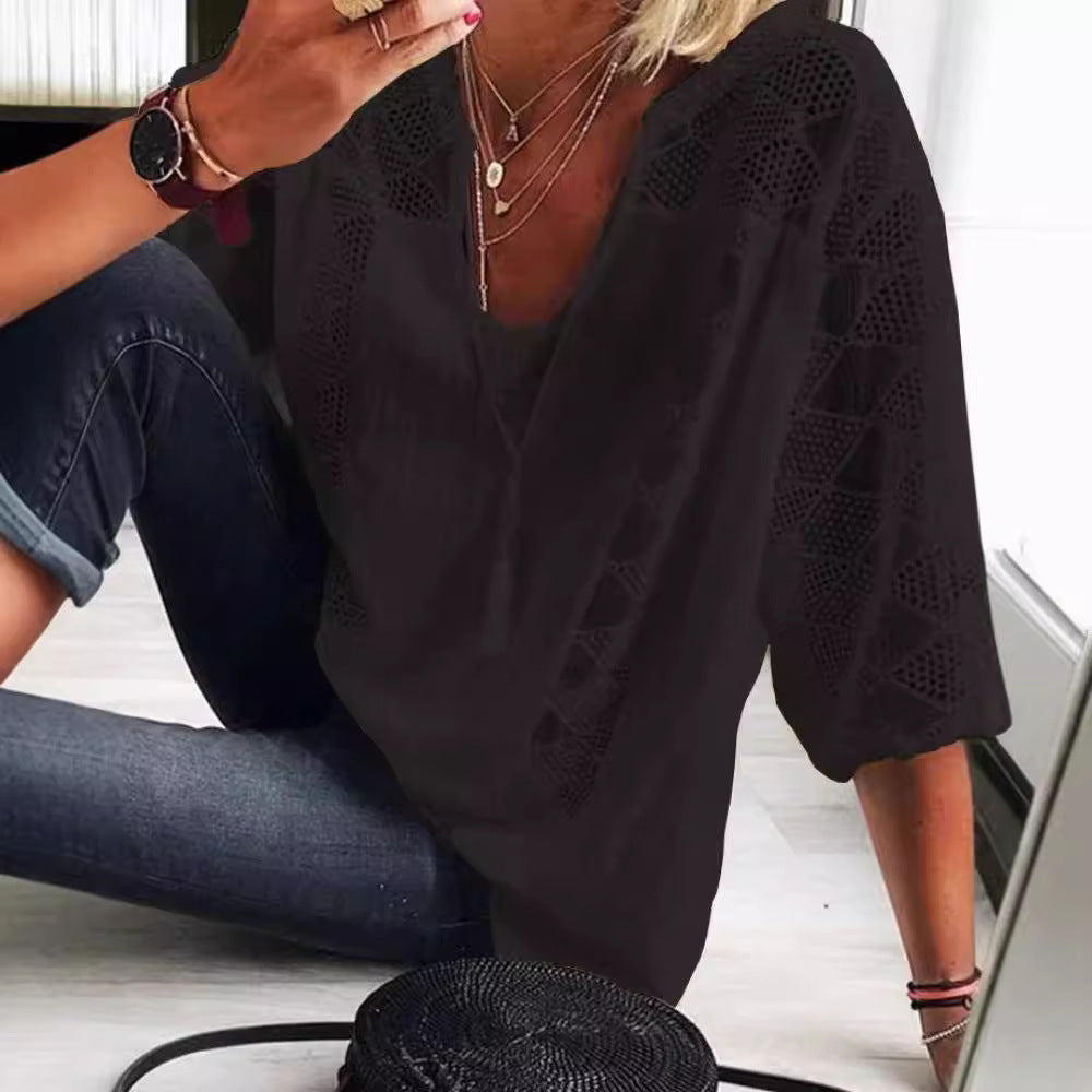 Women's airy crochet blouse with V-neck and balloon sleeves StylebySassy
