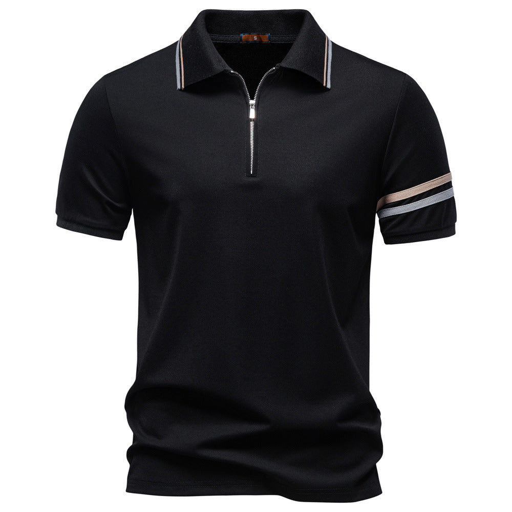 Men's breathable elastic polo shirt with short zipper and contrast stripes on sleeves StylebySassy