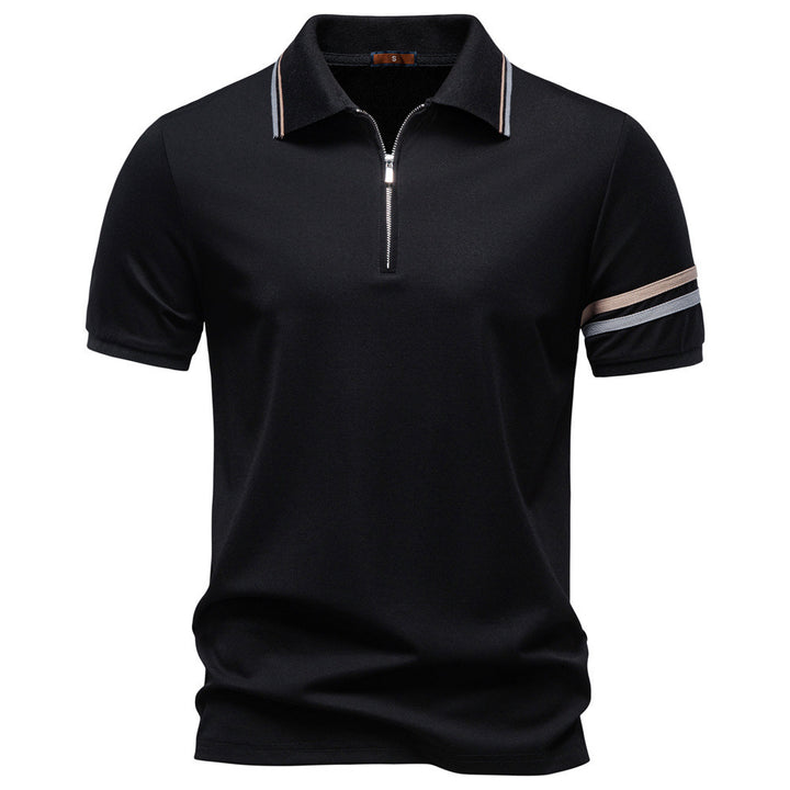 Men's breathable elastic polo shirt with short zipper and contrast stripes on sleeves StylebySassy