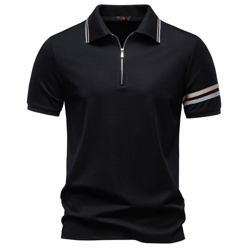 Men's breathable elastic polo shirt with short zipper and contrast stripes on sleeves StylebySassy