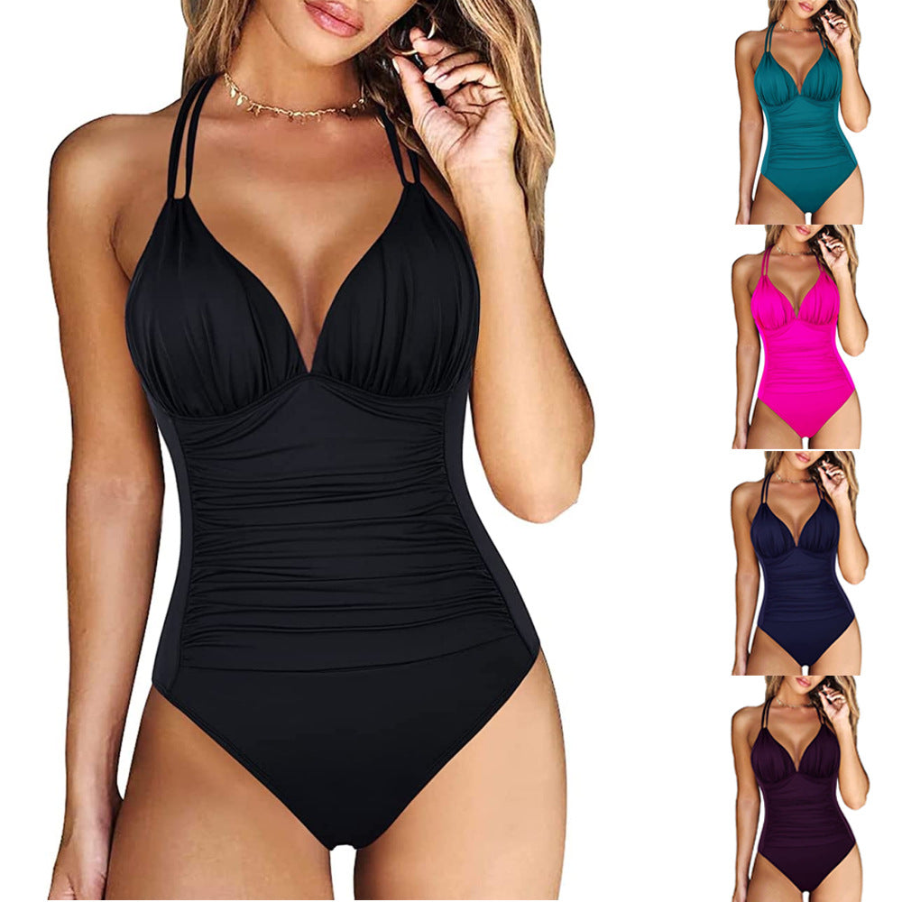 Women's One-Piece Swimsuit with Refined V-Neck and Integrated Ruching StylebySassy