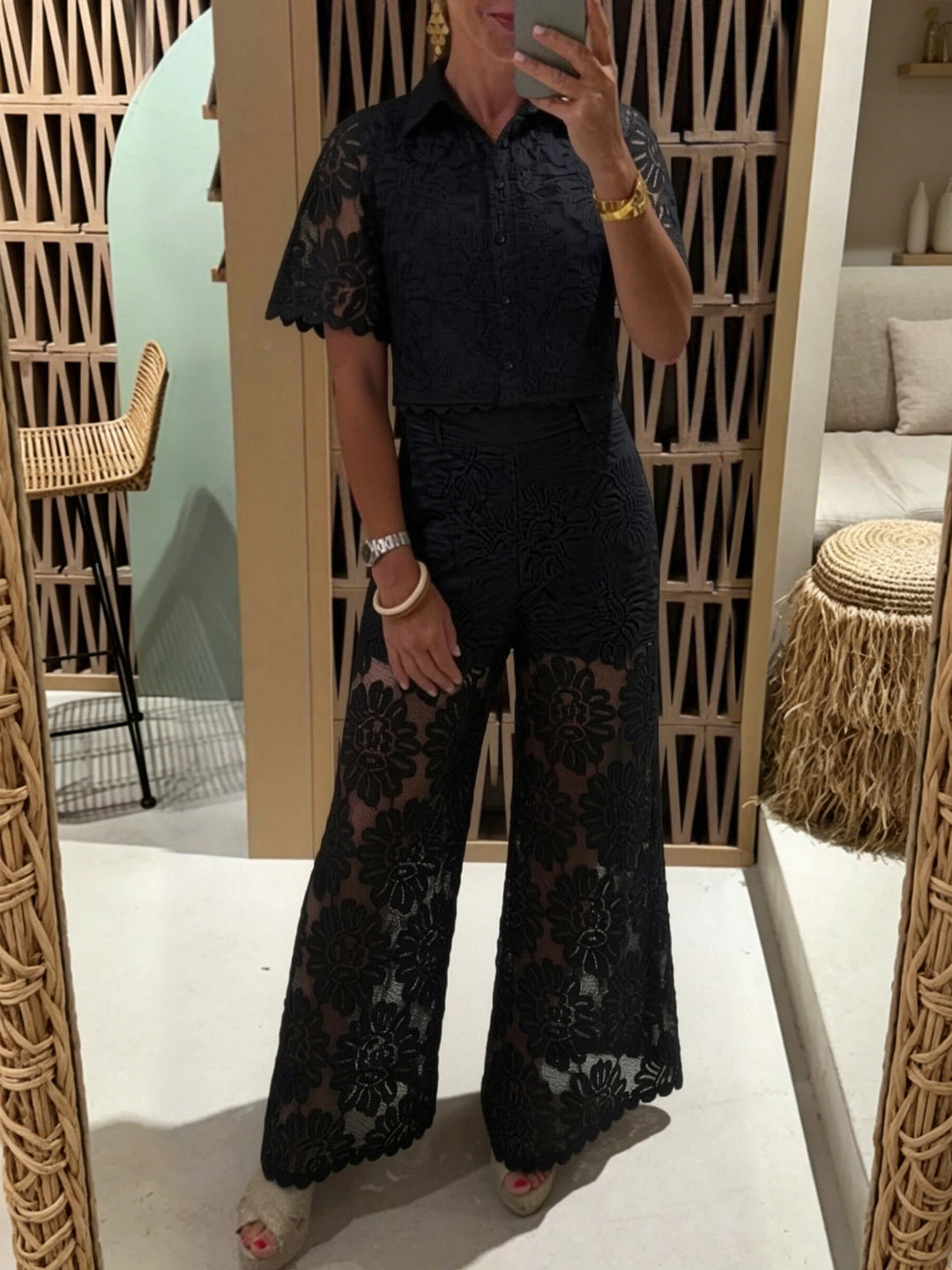 Women's elegant lace combination with short-sleeved blouse, scalloped hem, and tailored palazzo pants with tie belt StylebySassy