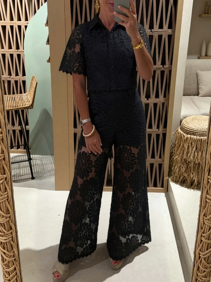 Women's elegant lace combination with short-sleeved blouse, scalloped hem, and tailored palazzo pants with tie belt StylebySassy