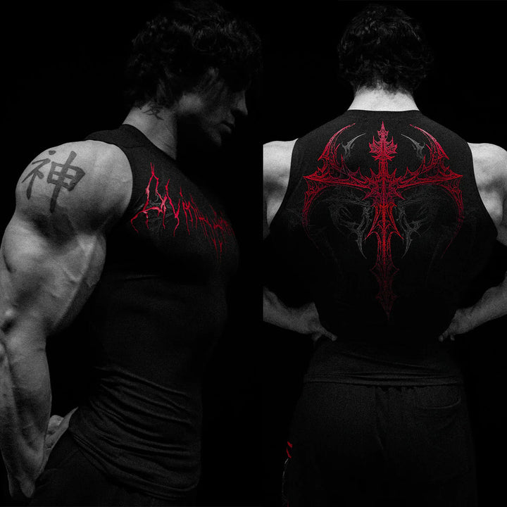 Men's form-fitting training tank top with deep armholes and intricate back print StylebySassy