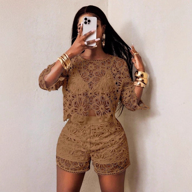 Women's airy crochet two-piece set with floral lace, short top and high-waisted tailored pants StylebySassy