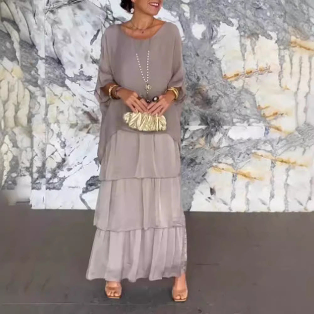 Women's layered tiered maxi dress with wide batwing top and tiered ruffle skirt StylebySassy