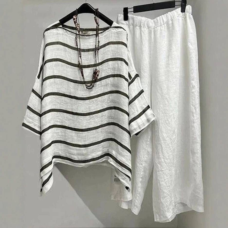 Women's casual linen set with asymmetrical striped blouse and wide elastic waistband pants StylebySassy