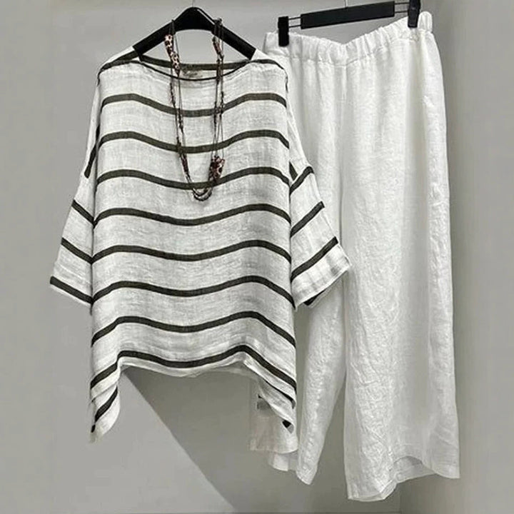 Women's casual linen set with asymmetrical striped blouse and wide elastic waistband pants StylebySassy
