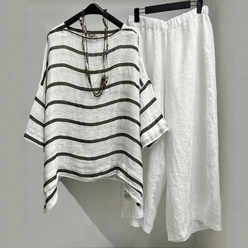 Women's casual linen set with asymmetrical striped blouse and wide elastic waistband pants StylebySassy