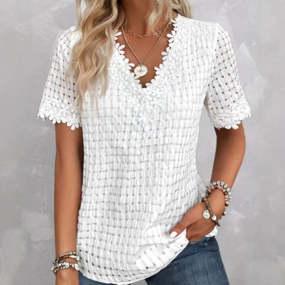 Women's lightweight structured shirt with check mesh, decorative lace trim at the V-neck and short sleeve hems StylebySassy