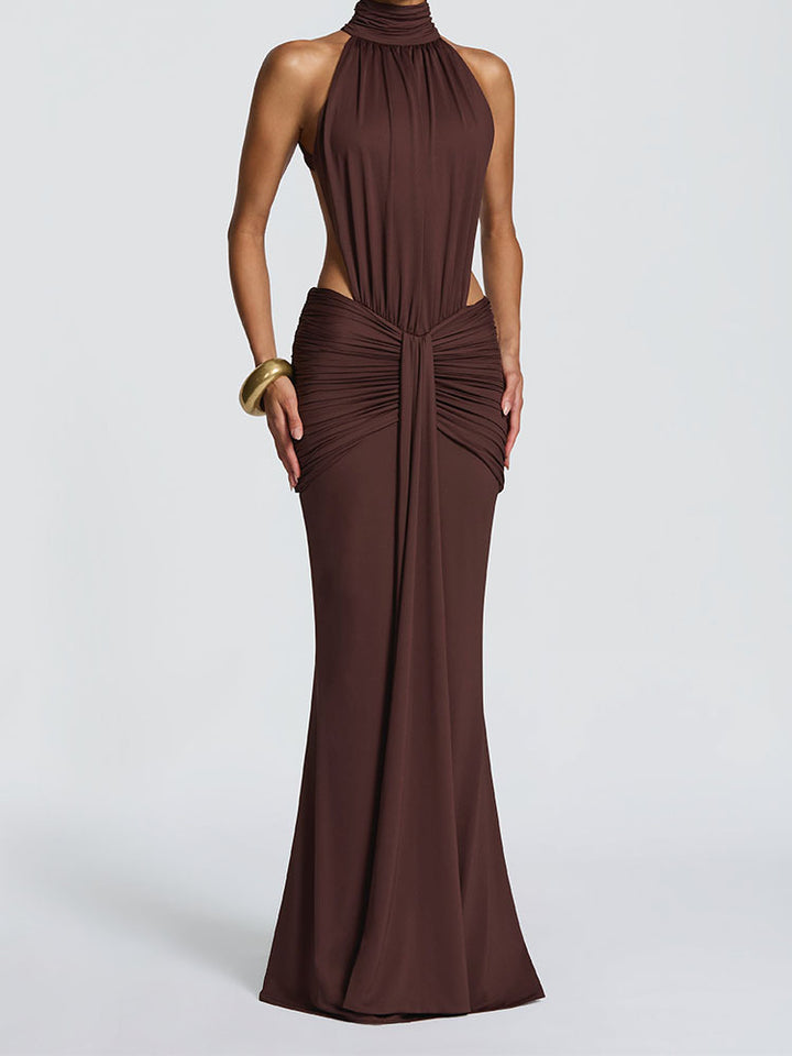 Women Elegant Maxi Dress with Draped Front and High Neck Design StylebySassy