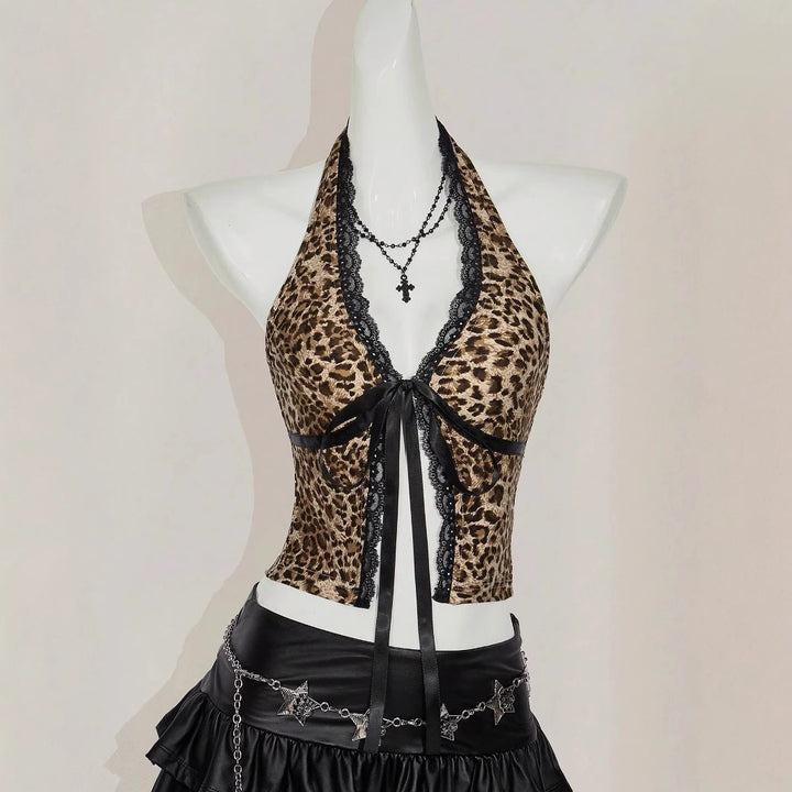 Women's halter top with lace embellishments and leopard pattern StylebySassy