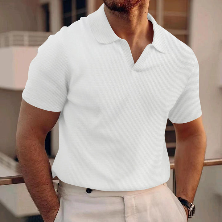 Men's lightweight short-sleeve polo made from waffle jersey with an open V-neck and shirt collar StylebySassy