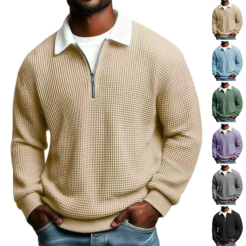 Men's structured waffle knit pullover with polo collar and short zipper StylebySassy