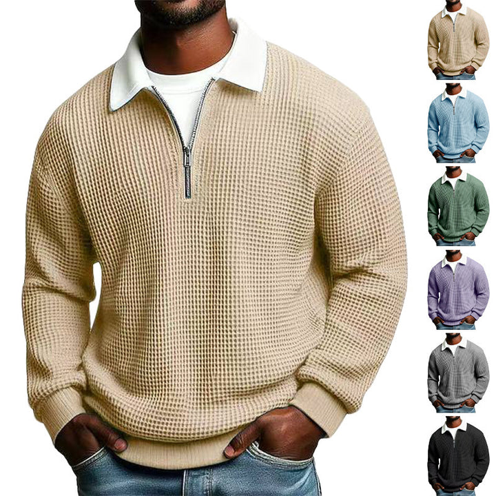 Men's structured waffle knit pullover with polo collar and short zipper StylebySassy