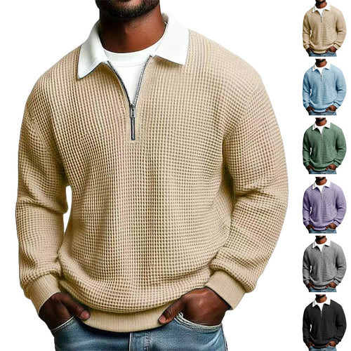 Men's structured waffle knit pullover with polo collar and short zipper StylebySassy