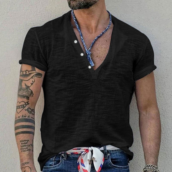 Men's short sleeve Henley style shirt made of slub cotton jersey with short button placket StylebySassy