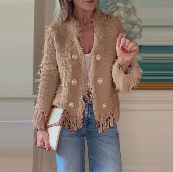 Women's short jacket with structured surface and decorative button row StylebySassy