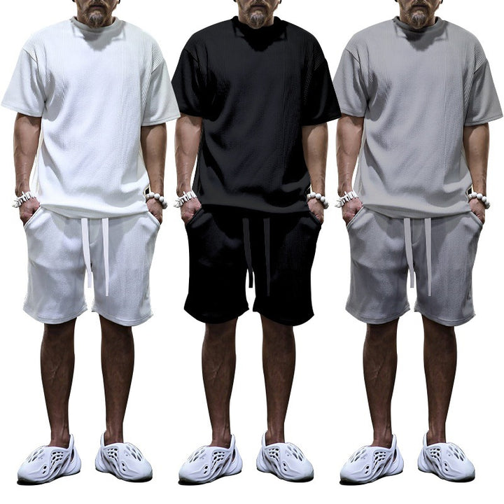 Men's casual waffle jersey set with loose top and drawstring shorts StylebySassy