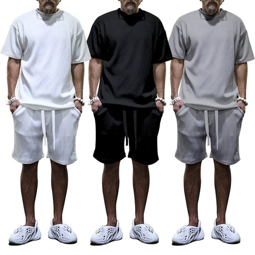 Men's casual waffle jersey set with loose top and drawstring shorts StylebySassy