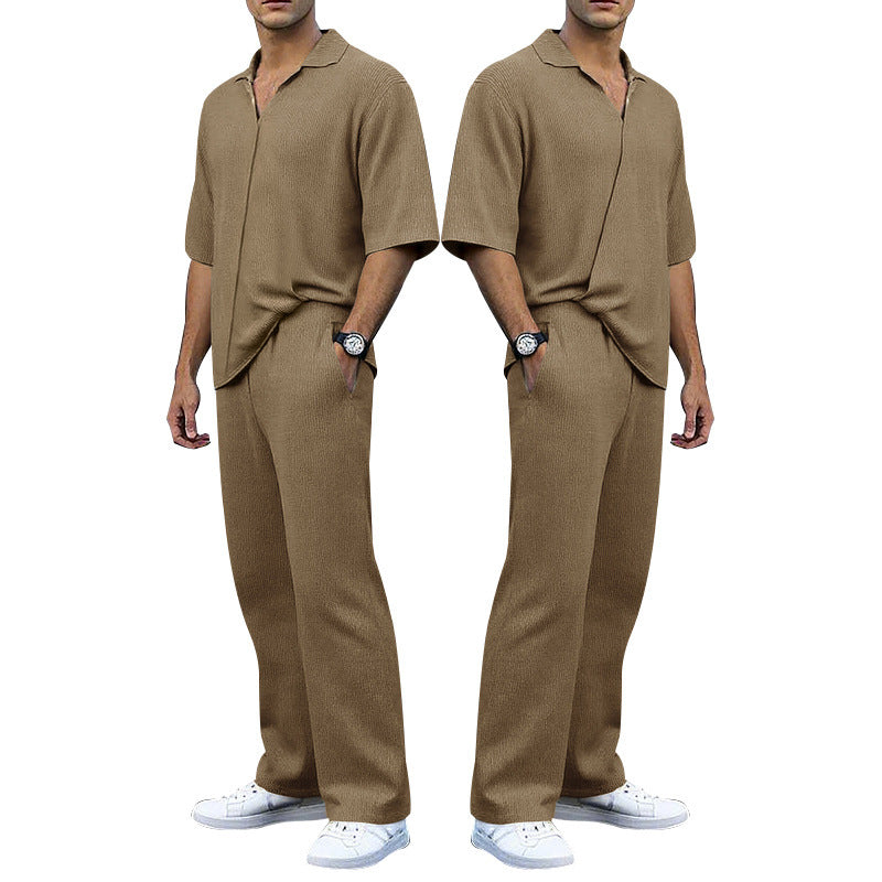 Men's finely structured two-piece set with open polo collar short sleeve shirt and straight comfort waistband pants StylebySassy