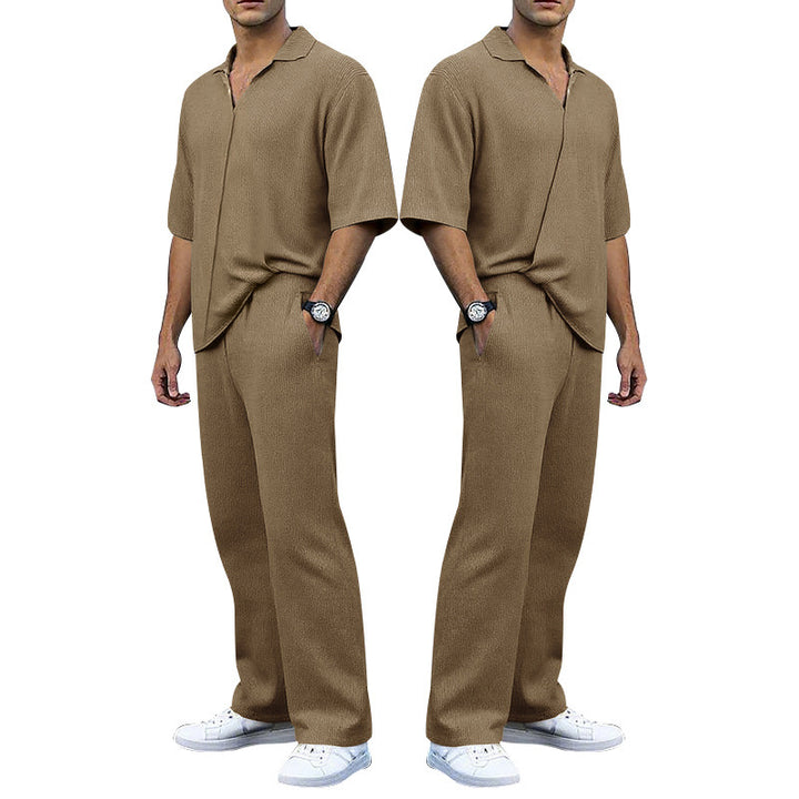 Men's finely structured two-piece set with open polo collar short sleeve shirt and straight comfort waistband pants StylebySassy