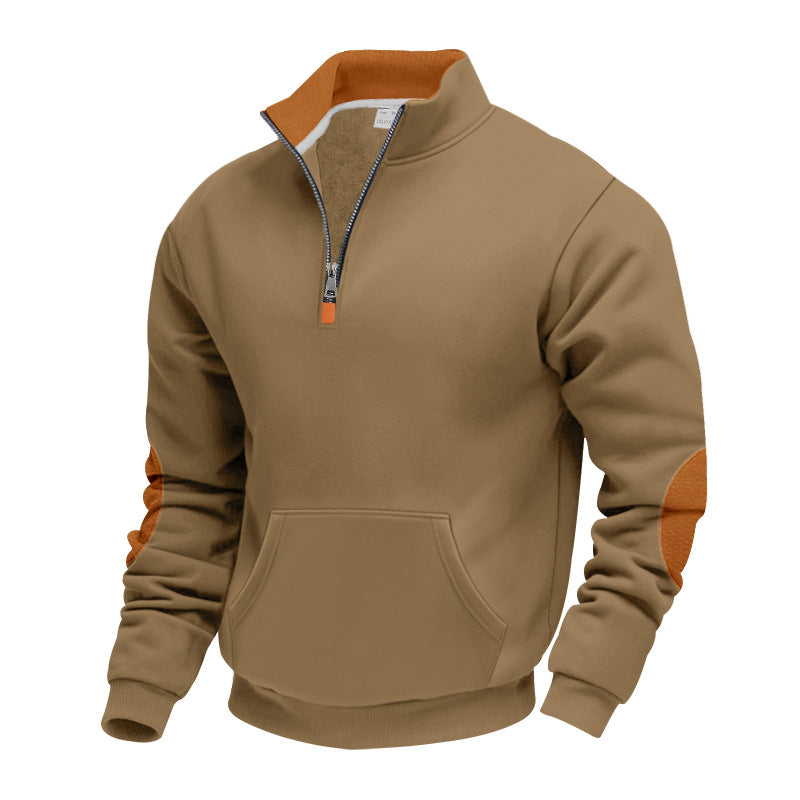 Men's Nano Insulated Half-Zip Pullover with Stand-Up Collar Fleece Lining Kangaroo Pocket and Suede Elbow Patches StylebySassy