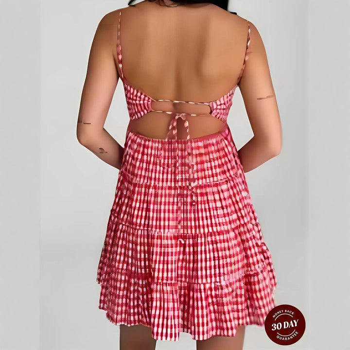 Women's airy checkered strap dress with heart-shaped neckline and tiered ruffle skirt StylebySassy