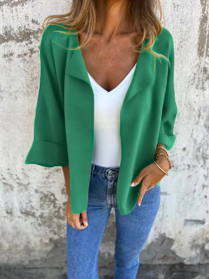 Women's light open knit cardigan with shawl collar, roll-up sleeves and boxy silhouette StylebySassy