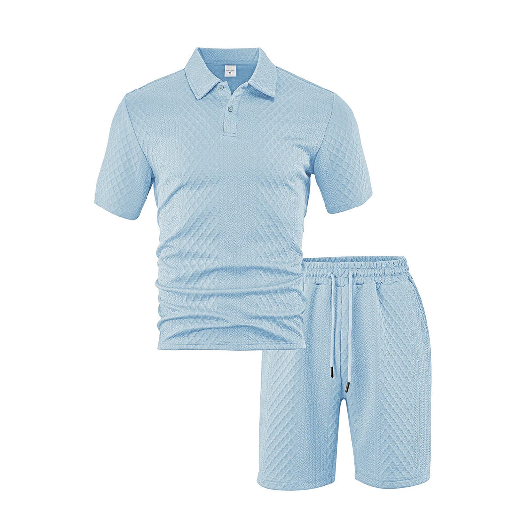Men's three-dimensional relief leisure set with polo collar, concealed button placket and elastic drawstring shorts StylebySassy