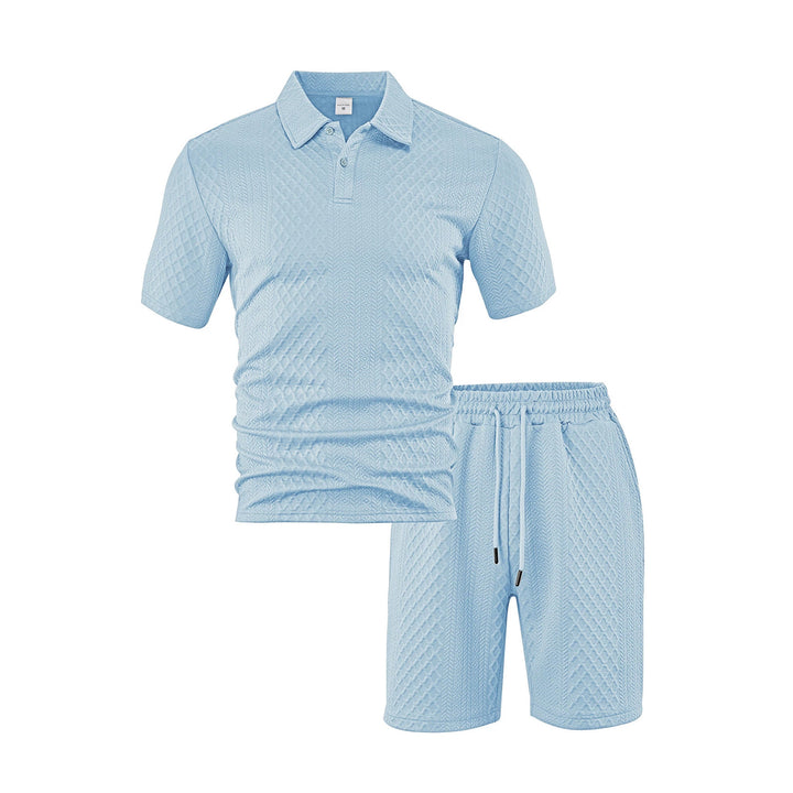 Men's three-dimensional relief leisure set with polo collar, concealed button placket and elastic drawstring shorts StylebySassy
