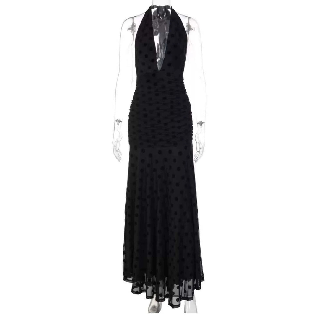 Women's Elegant Maxi Dress with Deep V-Neck and Delicate Ruffles