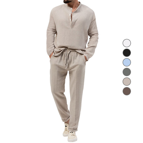 Men's muslin comfort set with semi-high collar and drawstring pants StylebySassy
