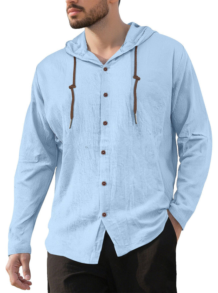 Men's hooded shirt in linen look with button placket and drawstring StylebySassy