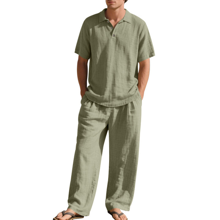 Men's airy linen ensemble with polo collar and adjustable waistband pants StylebySassy
