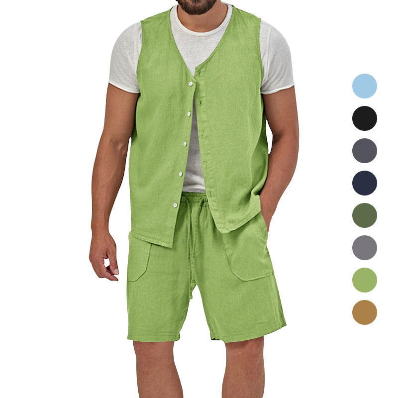 Men's two-piece leisure set with sleeveless button vest and wide drawstring shorts with patch pockets StylebySassy