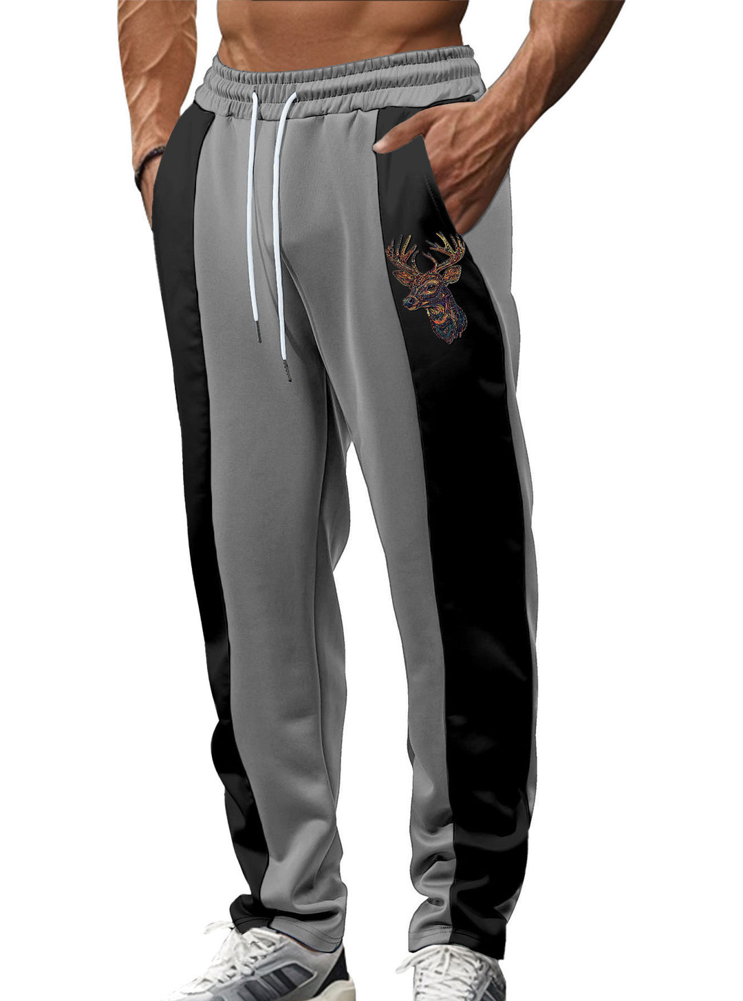 Men's sporty track pants with side contrast stripes, elastic waistband, drawstring, and deer embroidery StylebySassy