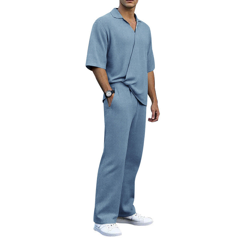 Men's finely structured two-piece set with open polo collar short sleeve shirt and straight comfort waistband pants StylebySassy