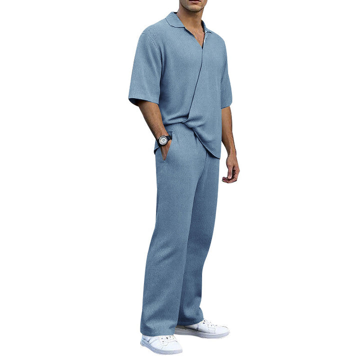 Men's finely structured two-piece set with open polo collar short sleeve shirt and straight comfort waistband pants StylebySassy