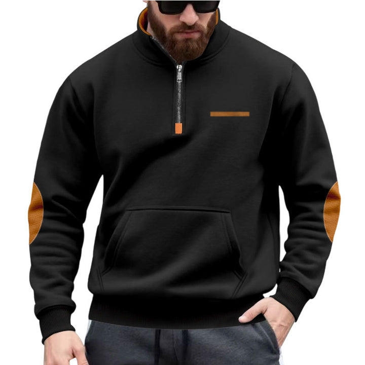 Men's half-zip sweatshirt with stand-up collar, kangaroo pocket, and elbow patches StylebySassy