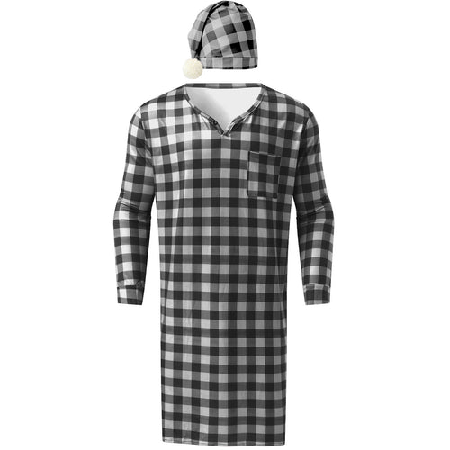 Men's long plaid nightgown with chest pocket and matching pointed hat StylebySassy