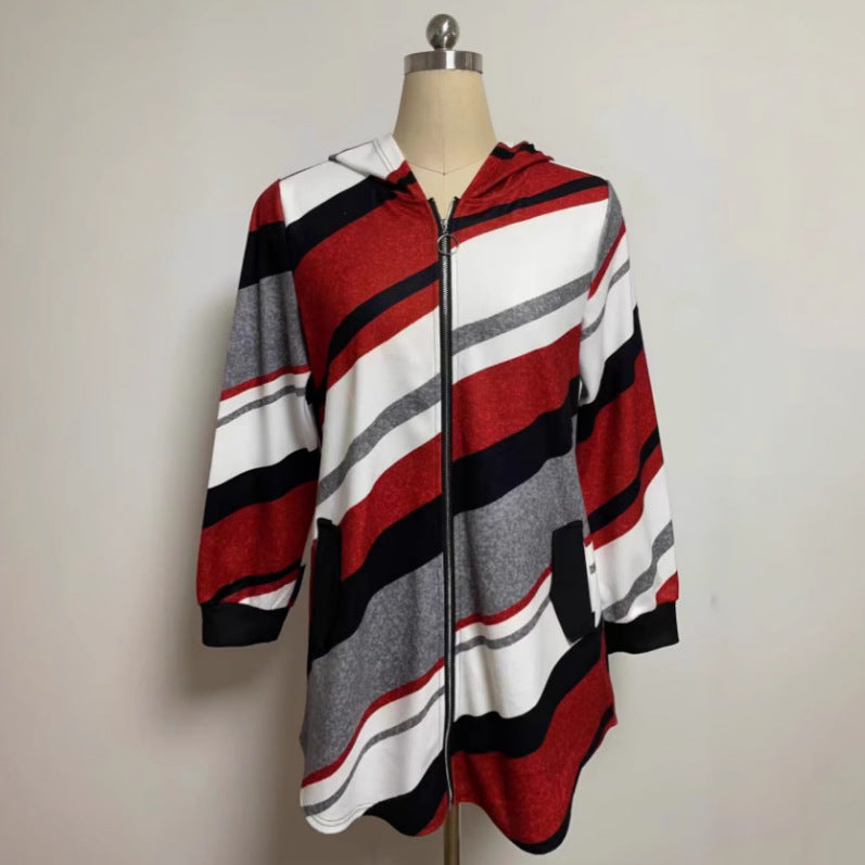 Women's longline hoodie jacket with diagonal stripe pattern, ring zipper and side pockets StylebySassy