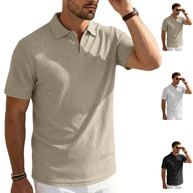 Men's elegant short-sleeve polo made of structured micro-jacquard cotton blend with shape-retaining shirt collar StylebySassy