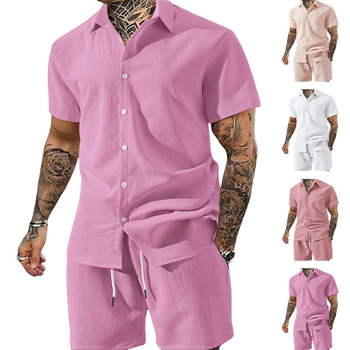 Men's Crinkle Lounge Set with Open Lapel Shirt, Integrated Short Sleeve T-Shirt, and Drawstring Bermuda StylebySassy