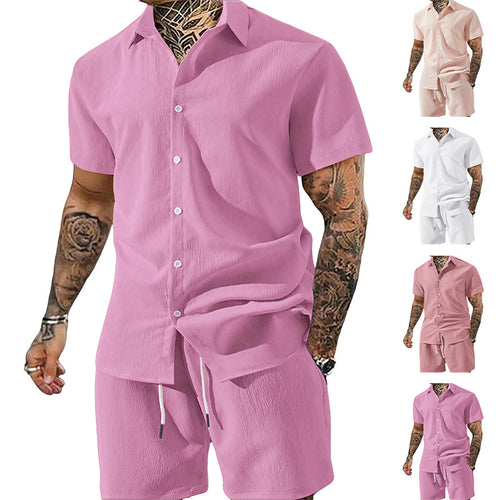 Men's Crinkle Lounge Set with Open Lapel Shirt, Integrated Short Sleeve T-Shirt, and Drawstring Bermuda StylebySassy